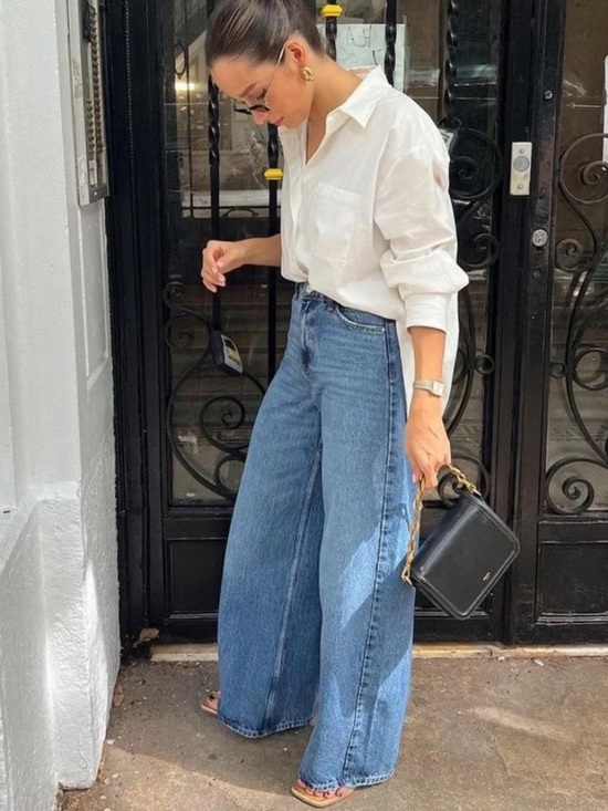 Zara Denim - Zara TRF Wide Leg Mid-High Rise Jeans Size 2 Medium Blue Wash Baggy Denim